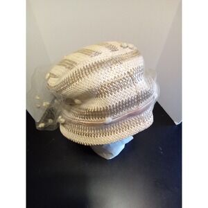 Vintage Pillbox Hat Gold Metallic Woven Straw Birdcage Veil Rhinestone Brooch